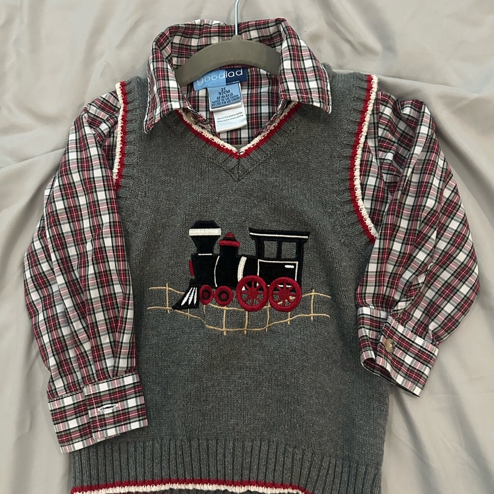 Gray Train Sweater Vest with Plaid Shirt